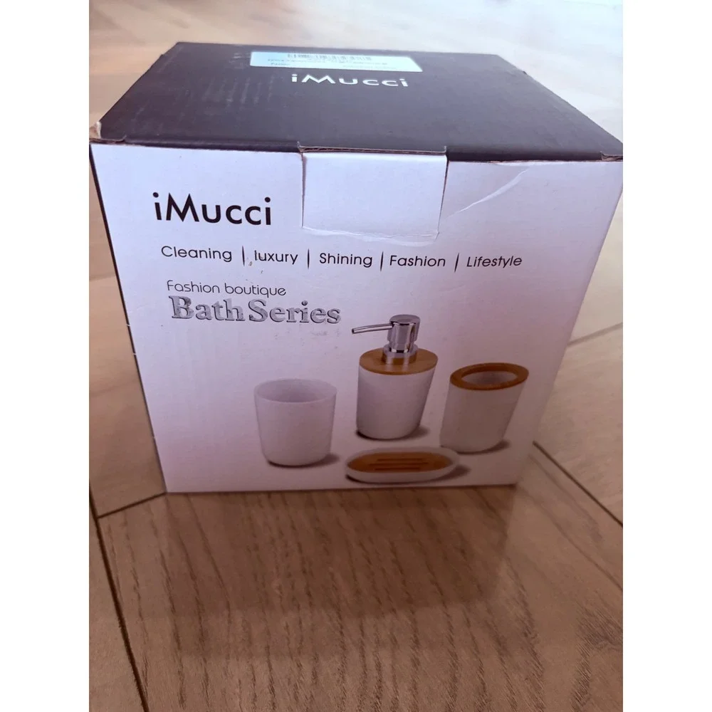 iMucci 5 Piece Grey and Bamboo Bathroom Accessory Set Soap Dispenser Tumbler